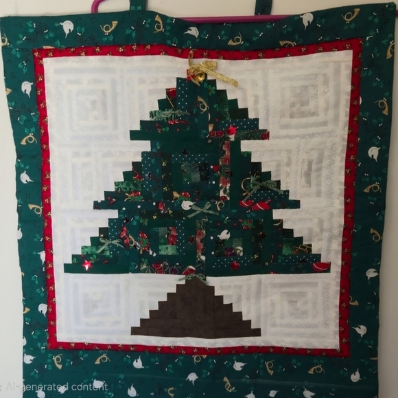 Christmas Tree Quilted Wall Hanging Handmade Decor Log Cabin Style Bells & Bows - Picture 1 of 11
